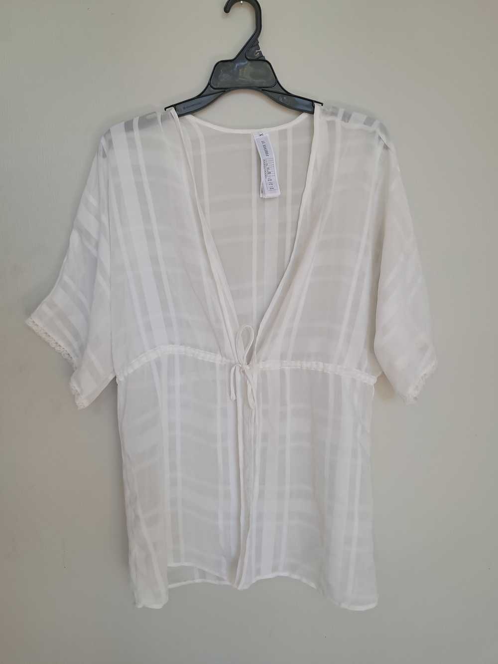 Forever 21 White Sheer Striped Swim Cover-Up with Tie Front